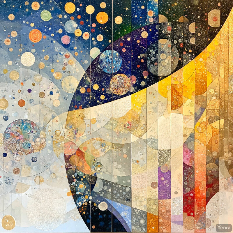 An abstract painting featuring a large, curved shape in the center of the composition, made up of various shapes and lines painted in different colors.