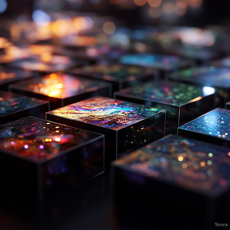 A collection of rectangular glass or crystal blocks arranged in rows and columns, with some overlapping others.