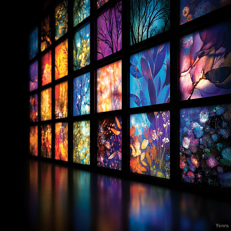 A collection of vibrant photographs on a grid-like wall, showcasing natural elements and illuminated from the left side.