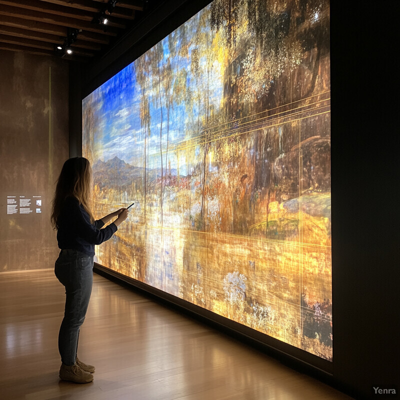 A woman takes a photo of an artwork displayed on a large screen at an art museum or gallery.