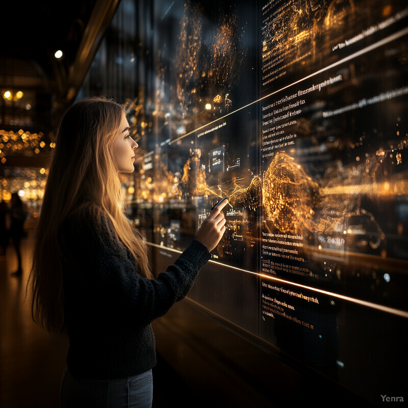 A woman is admiring an art piece in a museum or gallery.