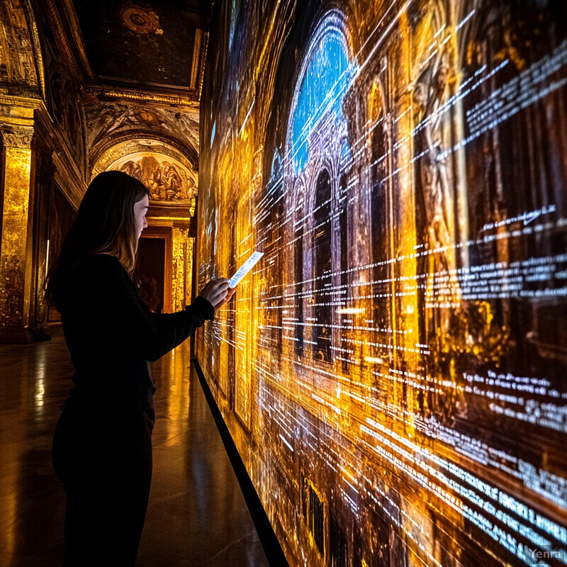 A woman examines a digital art exhibit in an ornate room.