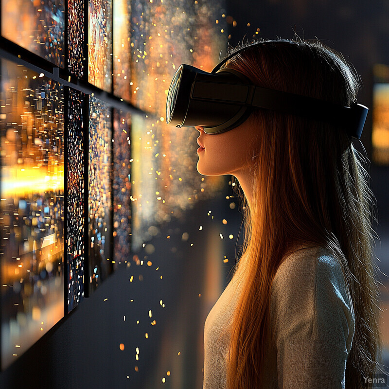 A woman wearing a VR headset explores virtual art pieces in an immersive exhibition.