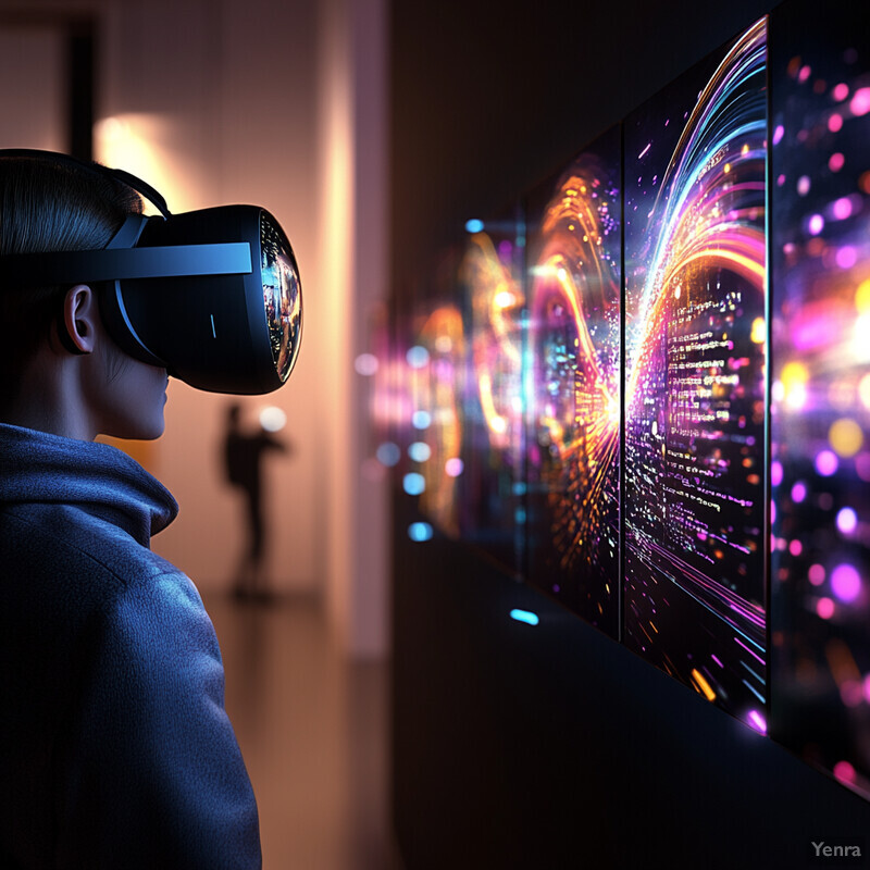 A person wears a virtual reality headset in front of multiple screens displaying vibrant visualizations.