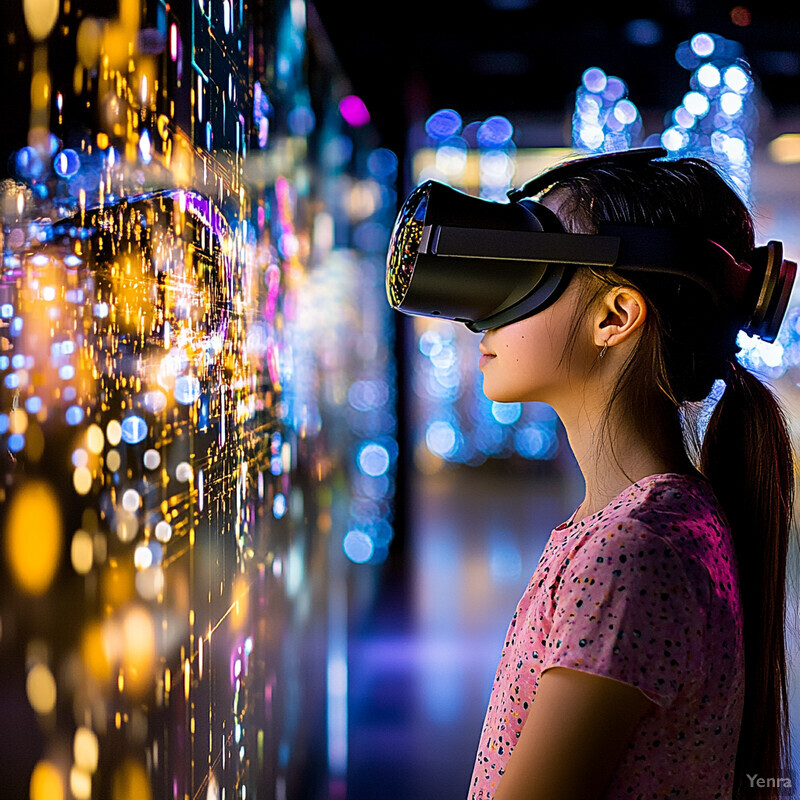 A young girl wearing VR goggles stands in front of a wall covered in lights, creating a futuristic and dynamic atmosphere.