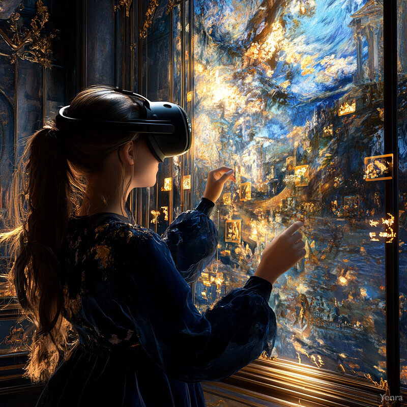 A woman wearing a virtual reality headset explores an immersive art gallery experience.