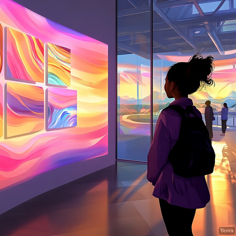 A woman stands in front of a colorful painting, surrounded by abstract shapes and vibrant colors.