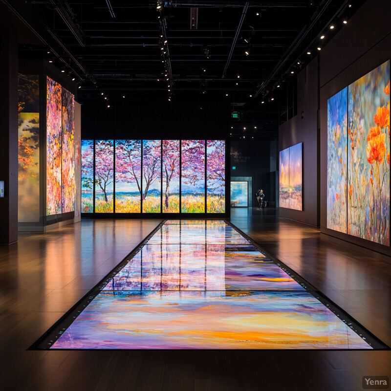 An art gallery with a large, colorful painting on the floor and several smaller paintings on the walls.