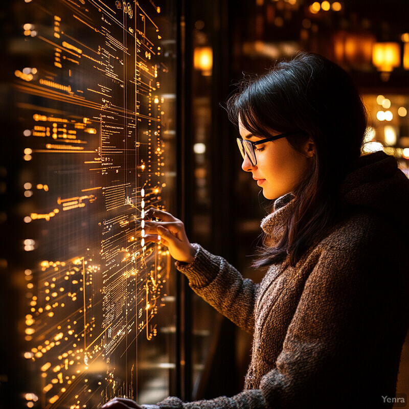 A woman examines a large screen displaying data and graphs in an office or meeting room setting.