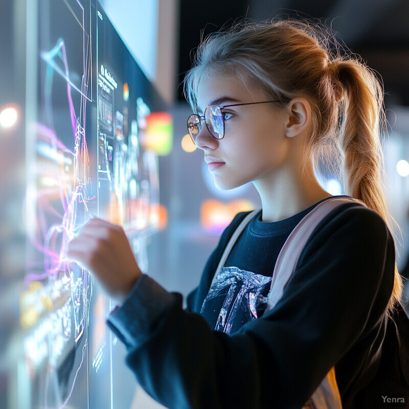 A young girl is using an interactive screen to analyze data.