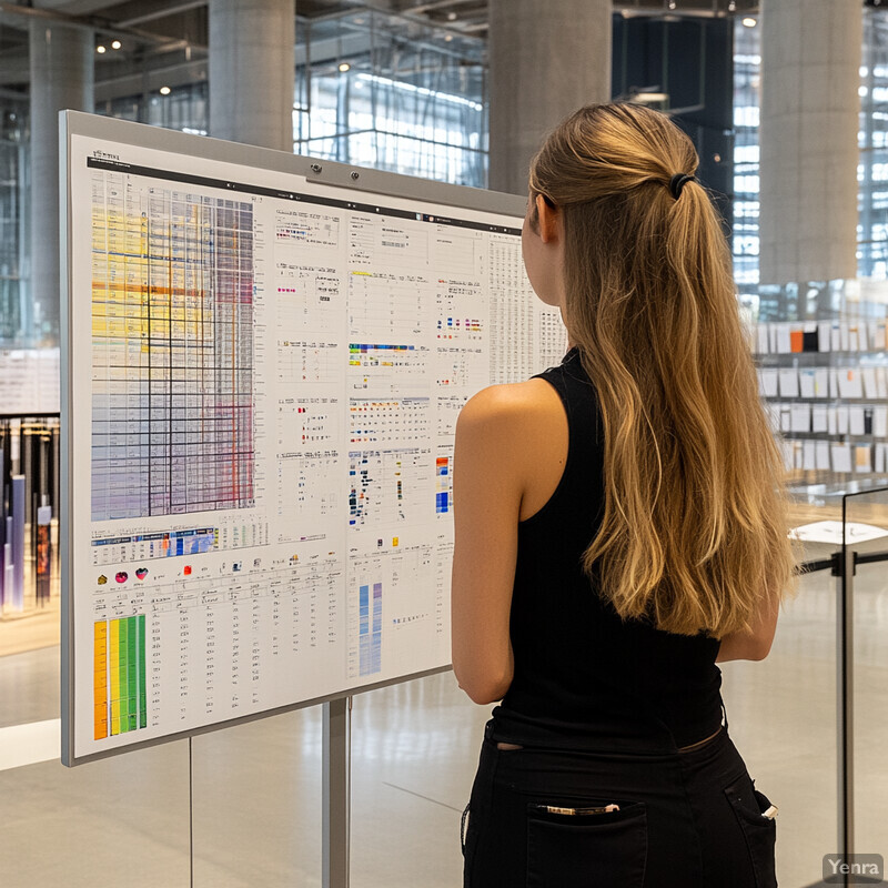 A woman stands in front of a large poster or chart on an easel in an office building lobby or hallway.