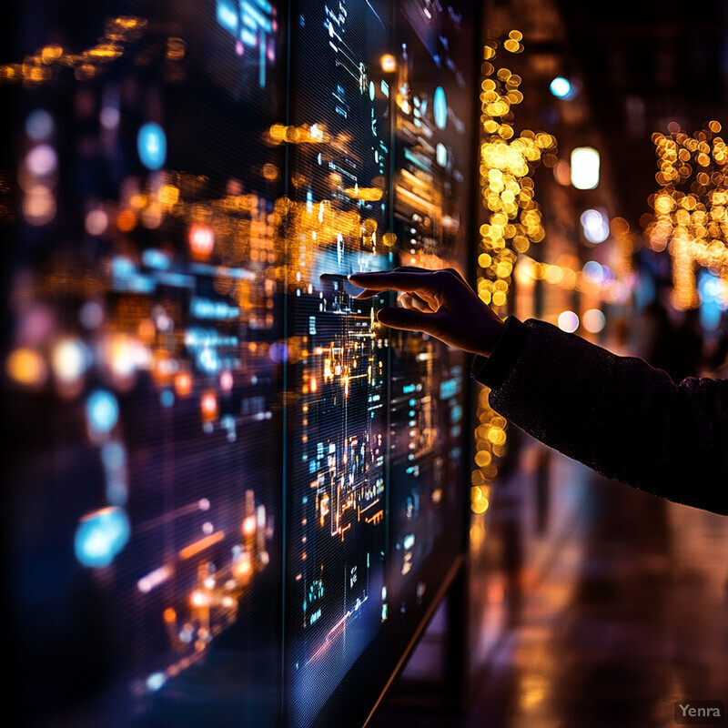 A person is interacting with a large screen displaying financial data.