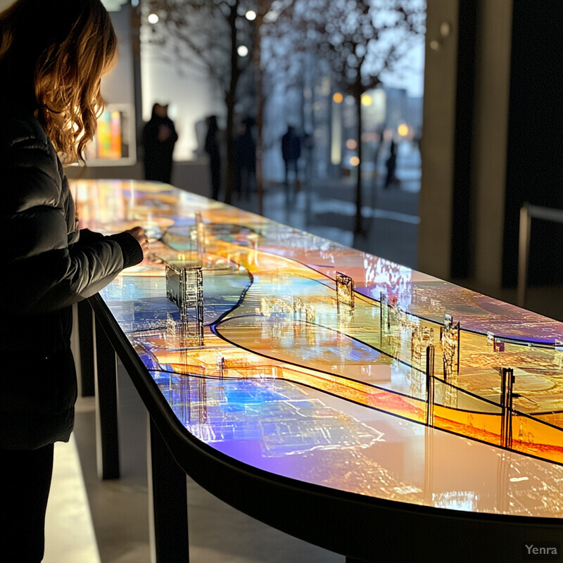 A woman stands in front of an interactive display table, gazing at a digital map or landscape.