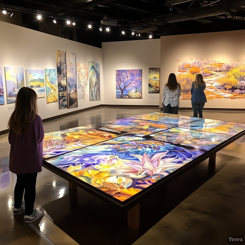 Four women view an interactive display of digital artwork and paintings in a neutral-colored art gallery.