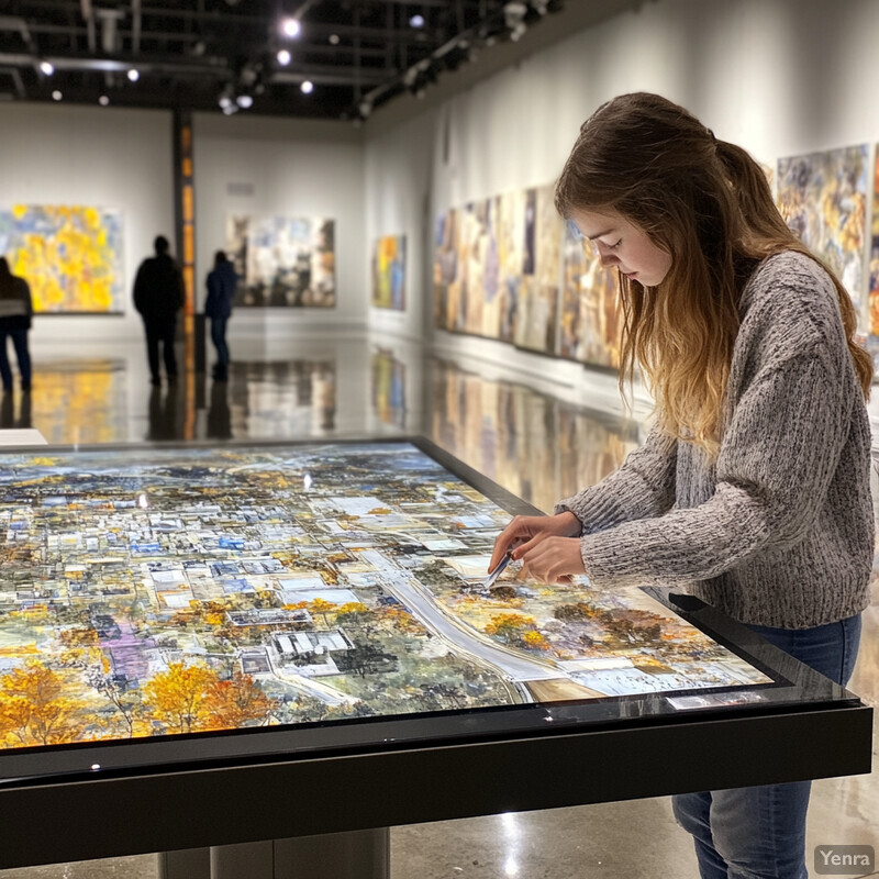 A woman studies a large display of artwork in an art gallery.