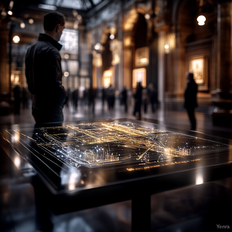 A futuristic-looking display table with a sleek glass surface and an electronic device on top, set against the backdrop of an art gallery or museum.