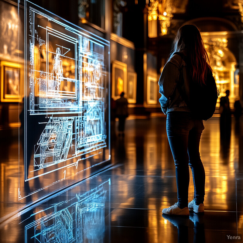 A woman stands in an art gallery, intently examining a large piece of artwork.