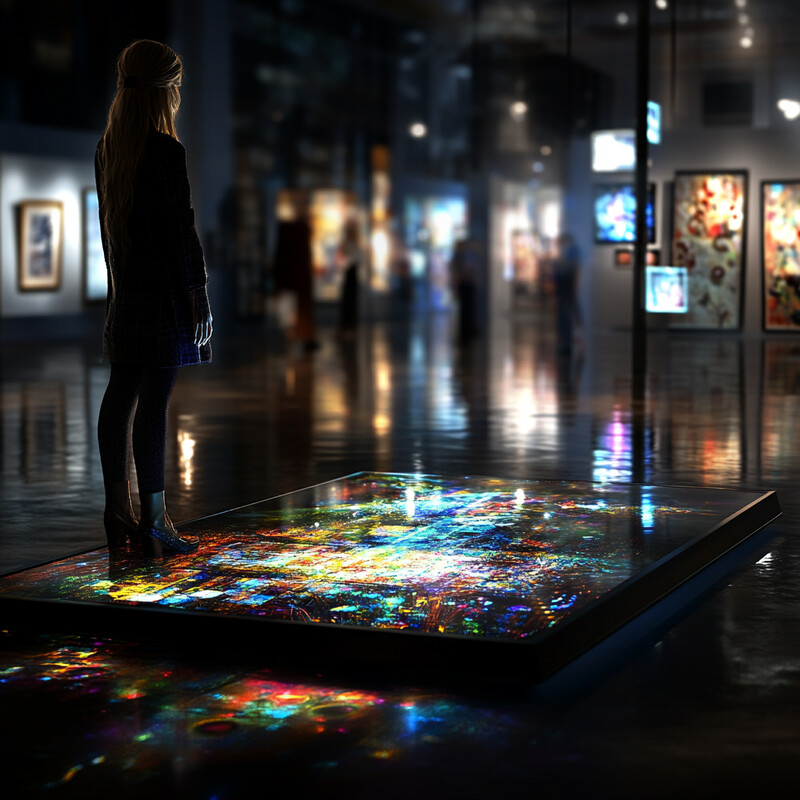 A woman stands on a platform with a multicolored display in an art gallery or museum.