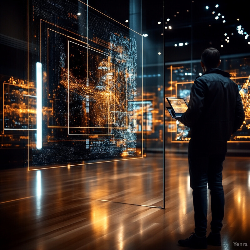 A man is examining an interactive display screen mounted on a wall or stand.