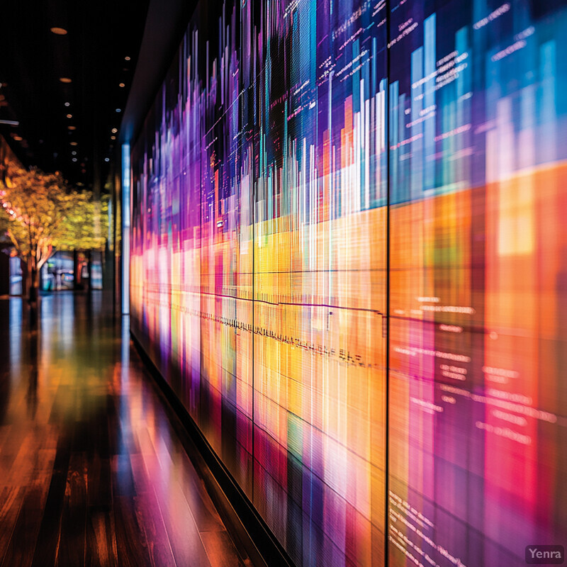 A large-scale digital display or mural with a vibrant design in an art gallery setting.