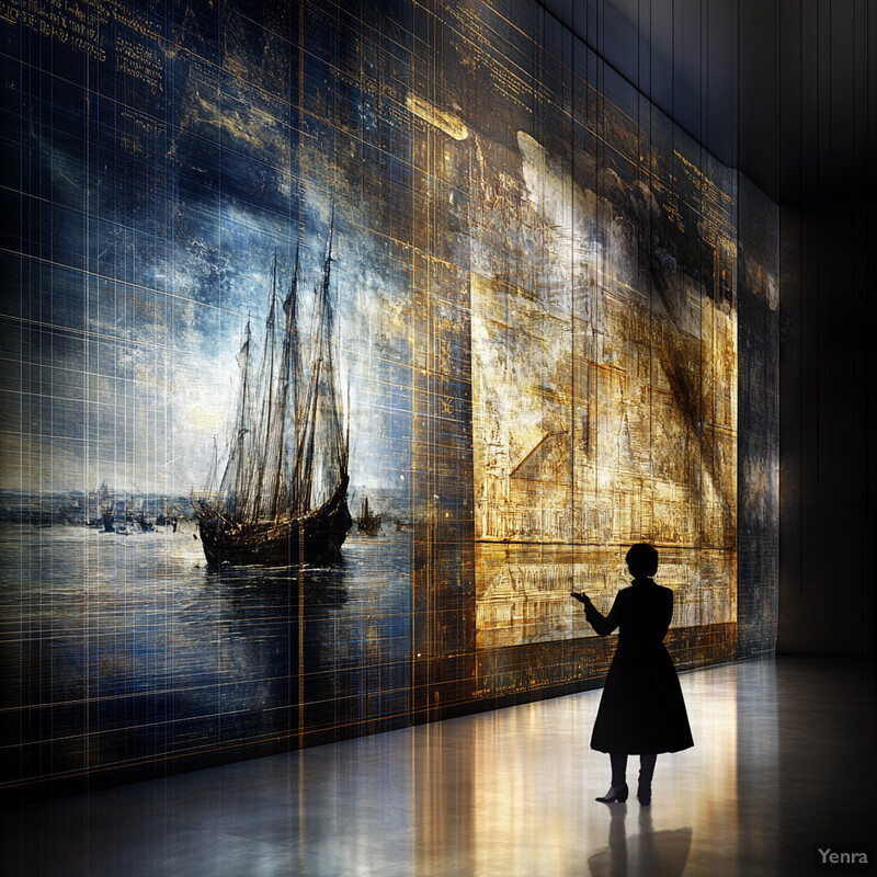 A woman stands in front of a large wall featuring intricately designed panels depicting a seascape and geometric patterns.