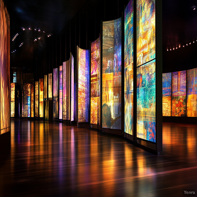 An art gallery with large screens displaying vibrant artwork.