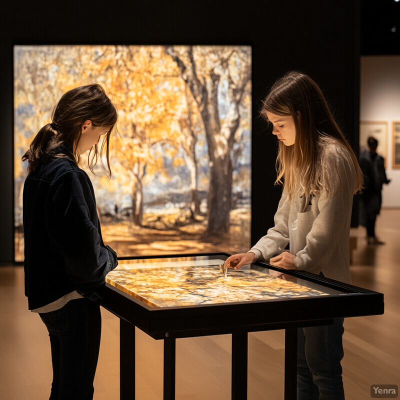 Two young girls admire a painting in an art gallery.