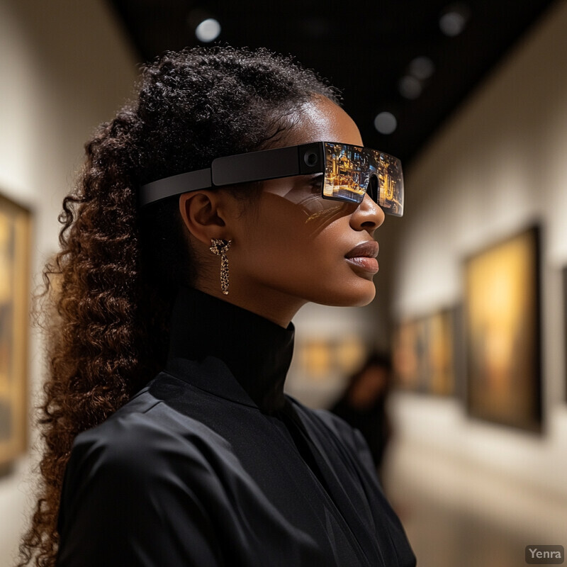 A woman wearing an augmented reality headset in an art gallery setting.