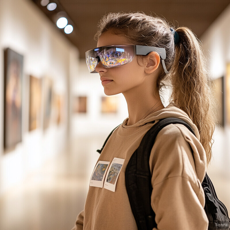 A young girl standing in an art gallery or museum, looking at a painting on the wall.