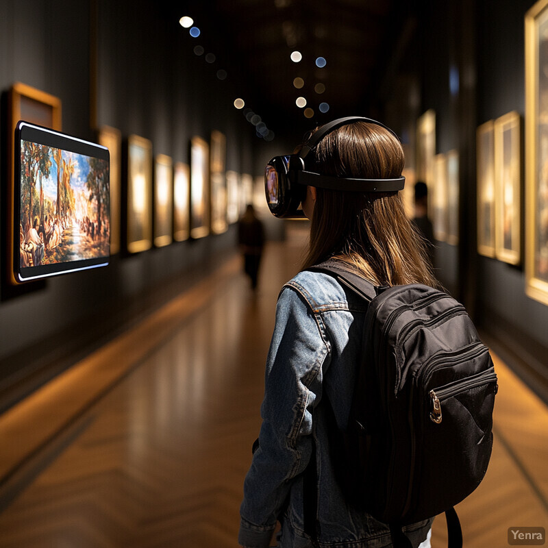 A woman stands in an art gallery or museum, admiring a painting on the wall while wearing headphones around her neck.