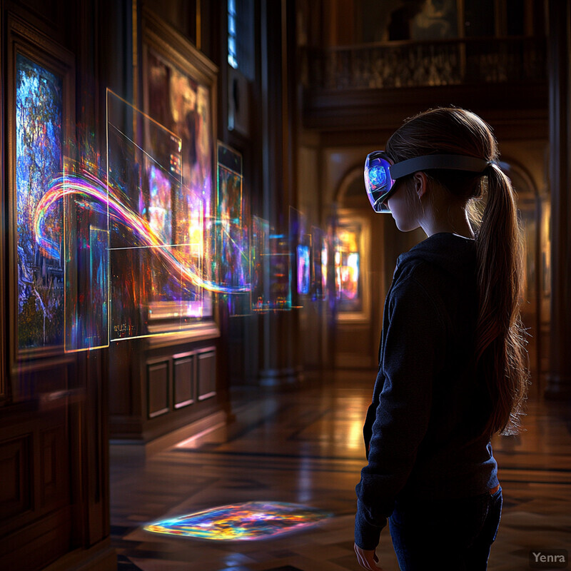 A woman wearing virtual reality goggles admires artwork in an art gallery.