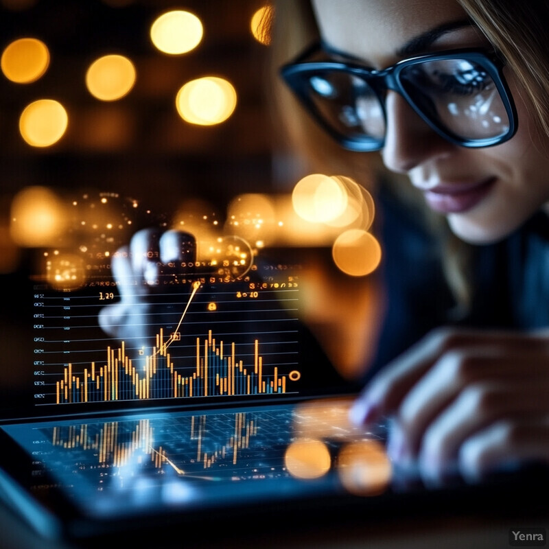 Woman examining tablet screen with graph and chart in dimly lit room