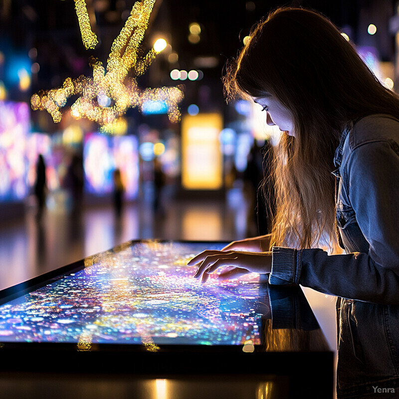 A young woman examines an interactive display on a table in a mall or shopping center.