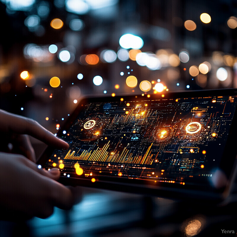 A person holding a tablet with a screen displaying graphs and data points for predictive trend analysis in a cityscape at night.