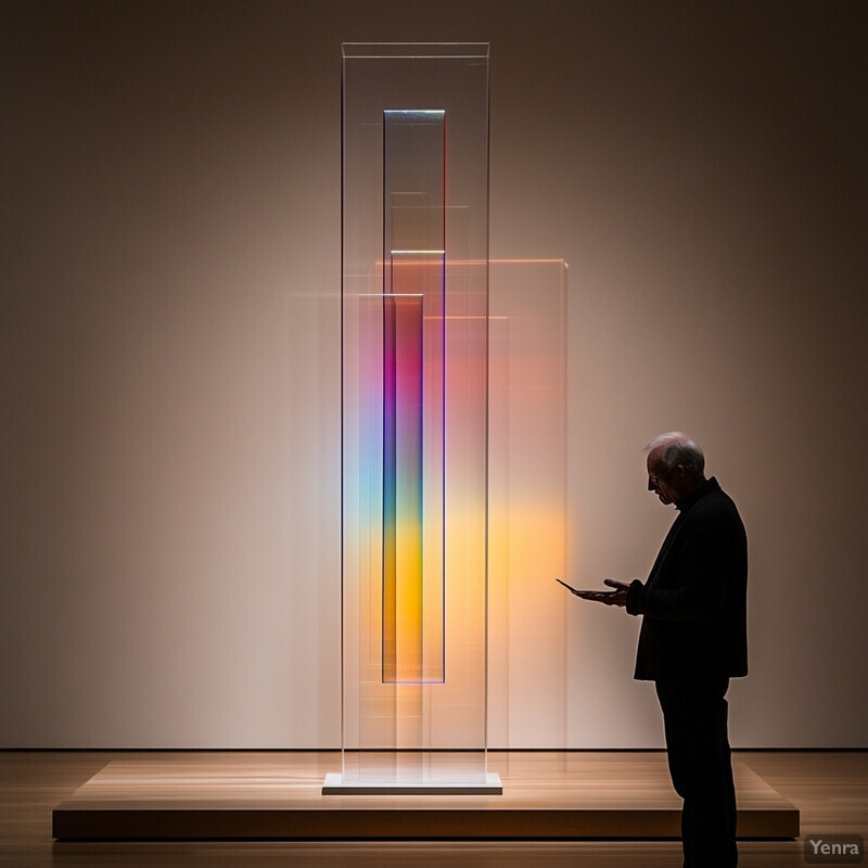 A man admires a large glass or acrylic art installation with multiple rectangular sections in various colors, illuminated from within.