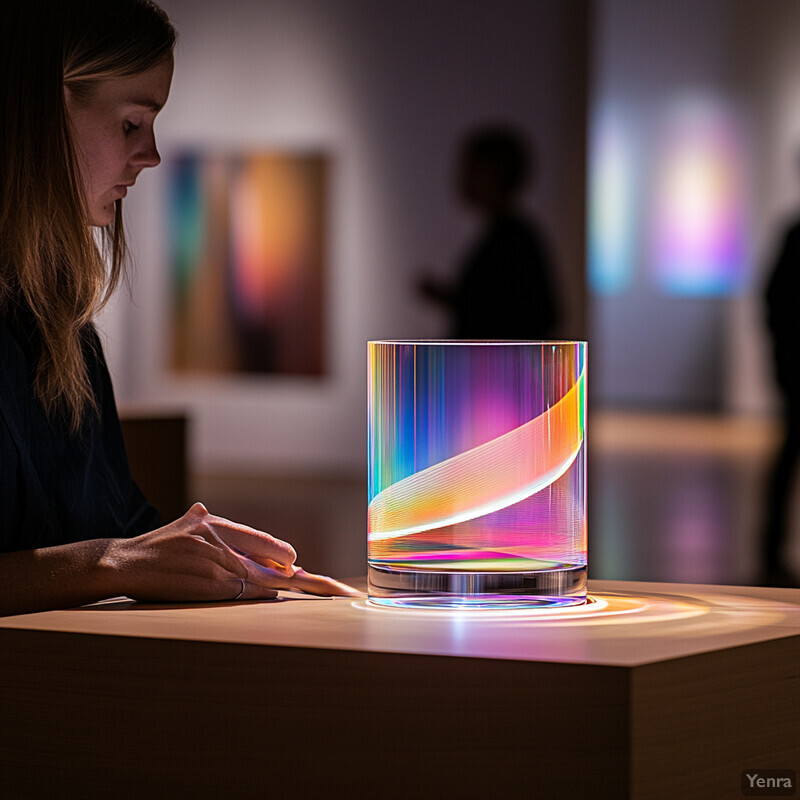 A woman examines a glass art piece in a gallery setting.