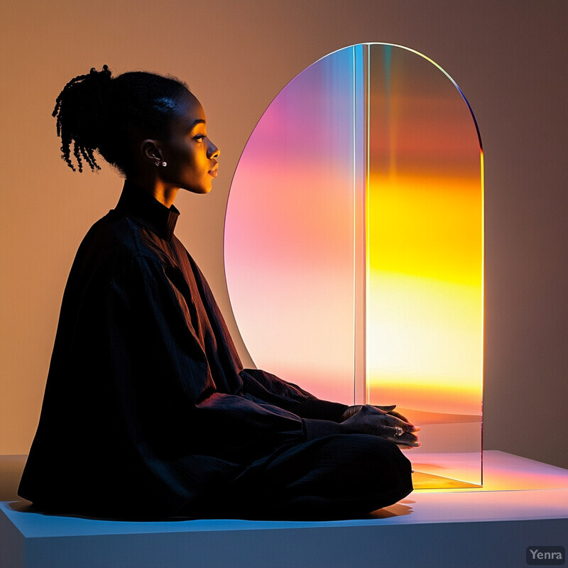 A serene image of a woman sitting cross-legged in front of an arched glass panel featuring a stunning sunset design.