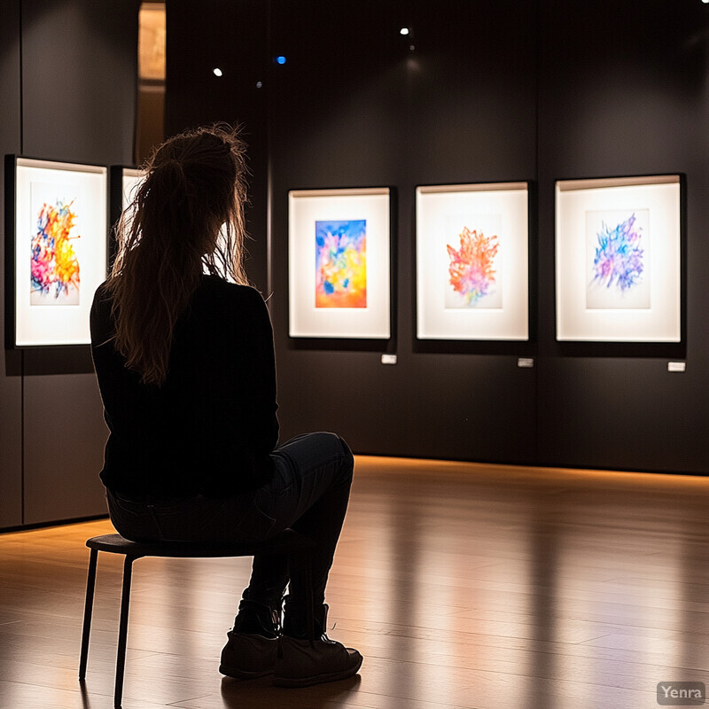 A woman sits on a stool in front of an art gallery wall, contemplating the vibrant paintings.