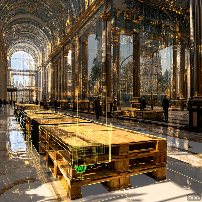 The image showcases a luxurious room with gold-accented arches and columns, marble flooring, white walls, large chandeliers, and a wooden table.