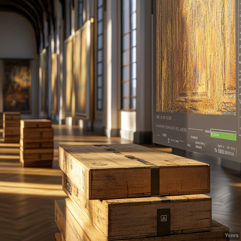 A room with large windows and high ceiling, featuring wooden crates and paintings on the walls.