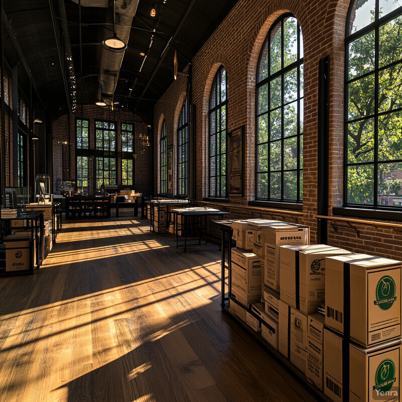 The image shows a warehouse setting with cardboard boxes stacked on pallets or shelves.