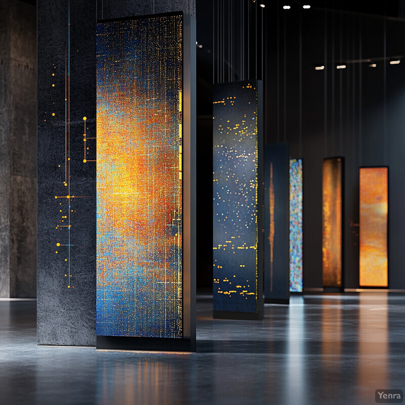 A modern art gallery or museum with abstract paintings and sculptures on display, featuring black, orange, and blue colors.