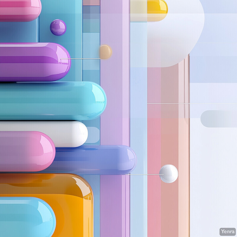 Abstract composition featuring rounded shapes in pastel colors and translucent glass-like panels.