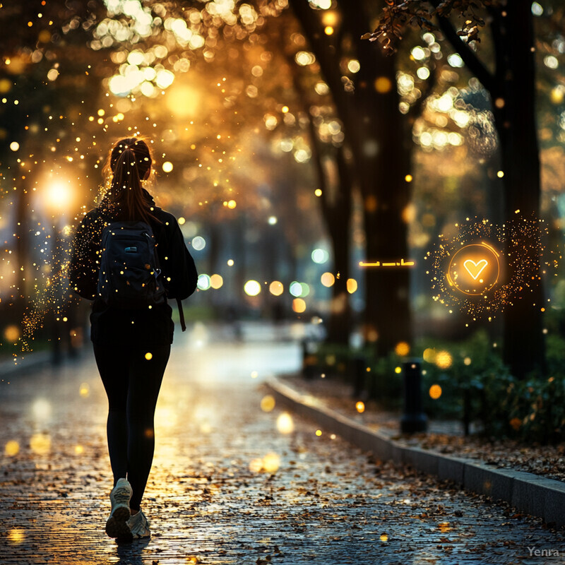 A woman walking down a tree-lined path on a rainy day.