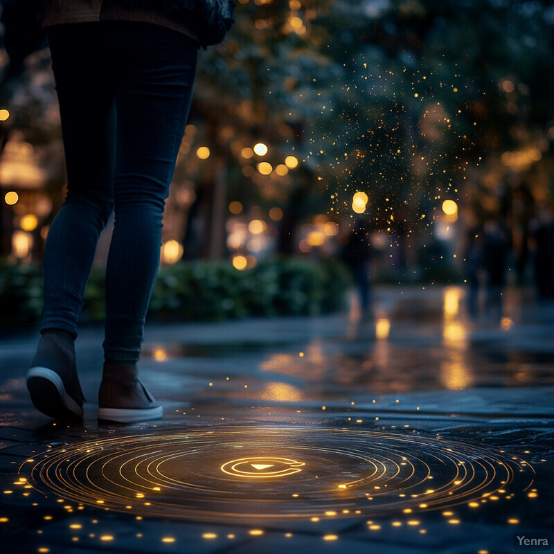 A woman stands on a sidewalk at night, lost in thought.