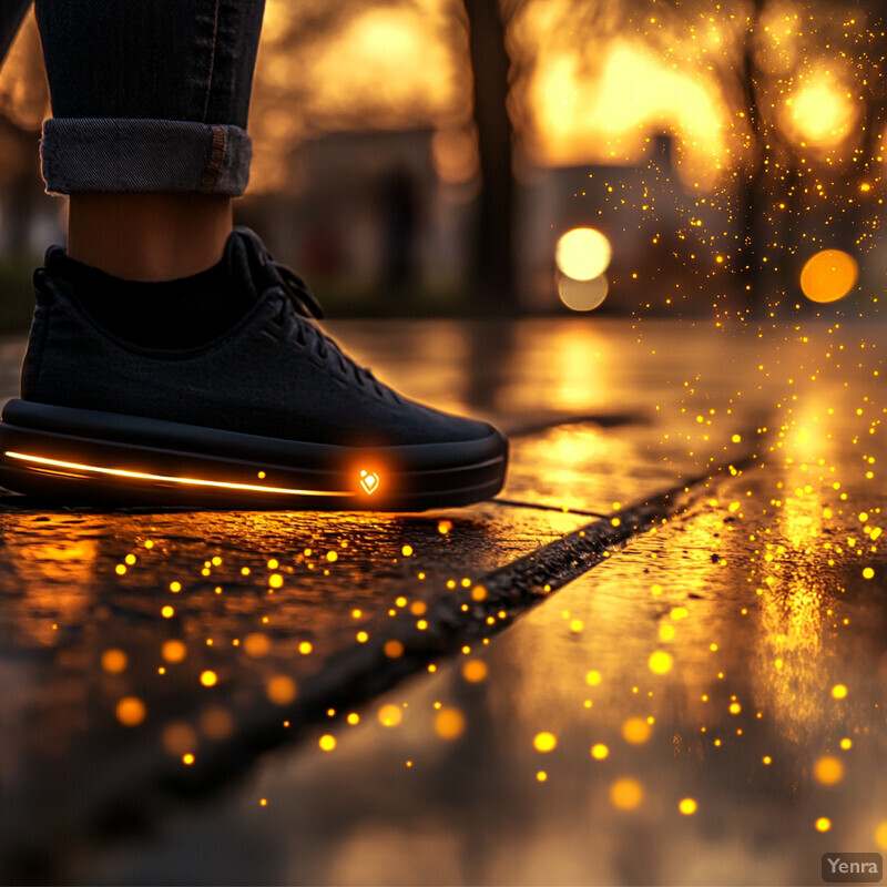 A person wearing black jeans and shoes with embedded LED lights stands on a city street at dusk or dawn.