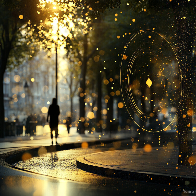 A peaceful city street scene at dusk or dawn with a lone figure walking away from the camera.