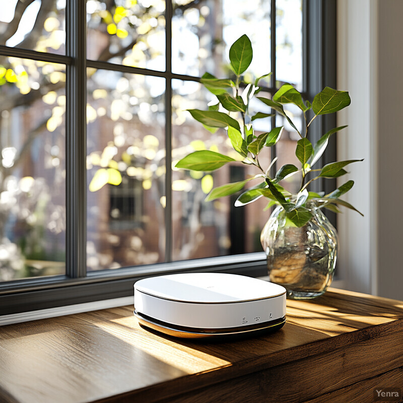 A white device with four buttons is placed on a wooden table in front of a window.