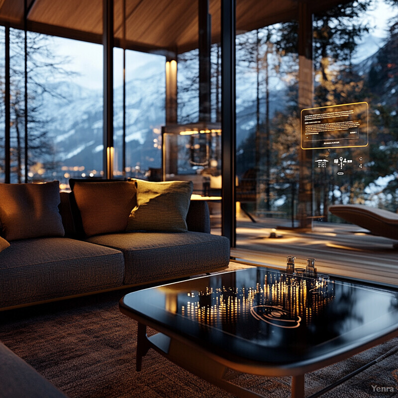 A cozy living room with a large window offering a stunning view of snow-capped mountains outside.