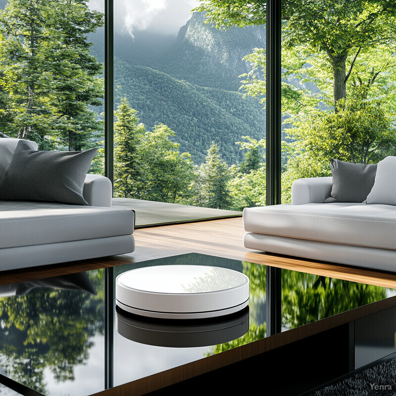 A serene living room with floor-to-ceiling windows offering a breathtaking view of a mountainous landscape.